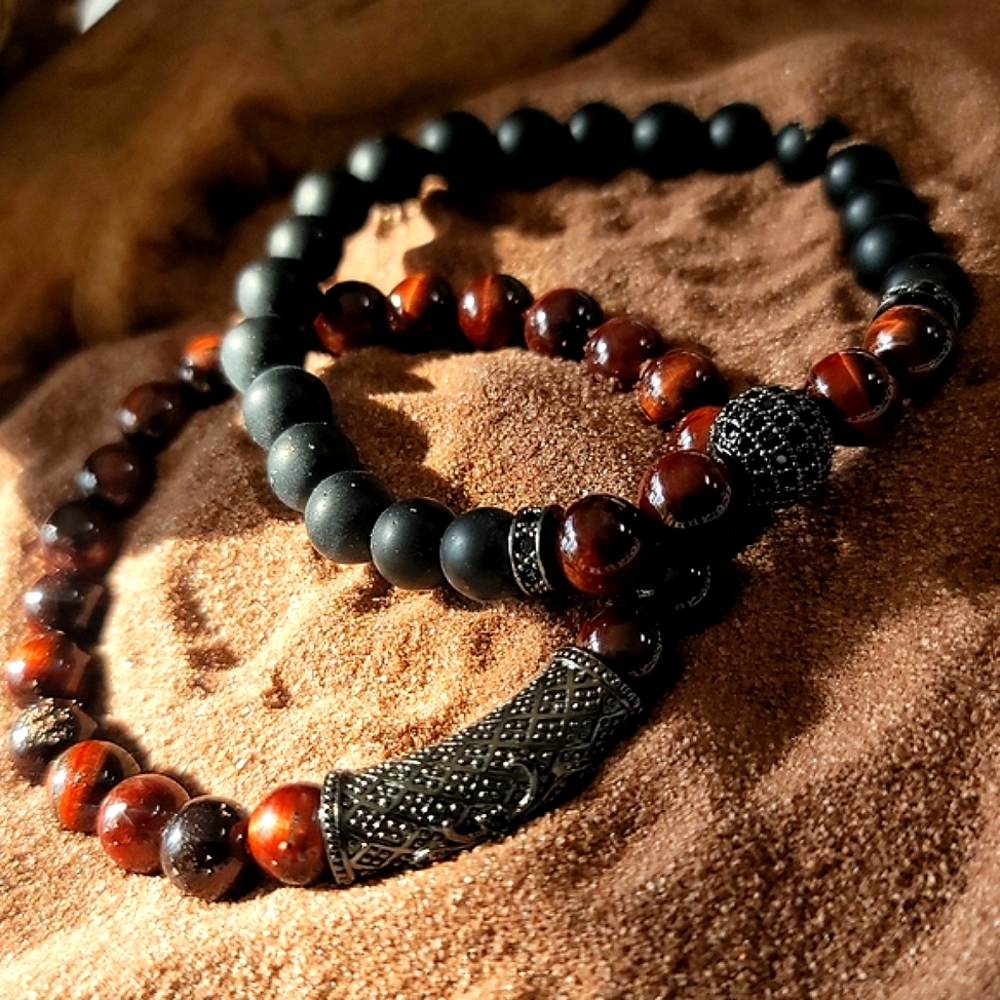 BALANCE & STRENGTH ❤️‍🔥 Mens Red Tiger's Eye Beaded Stacking Bracelet Set